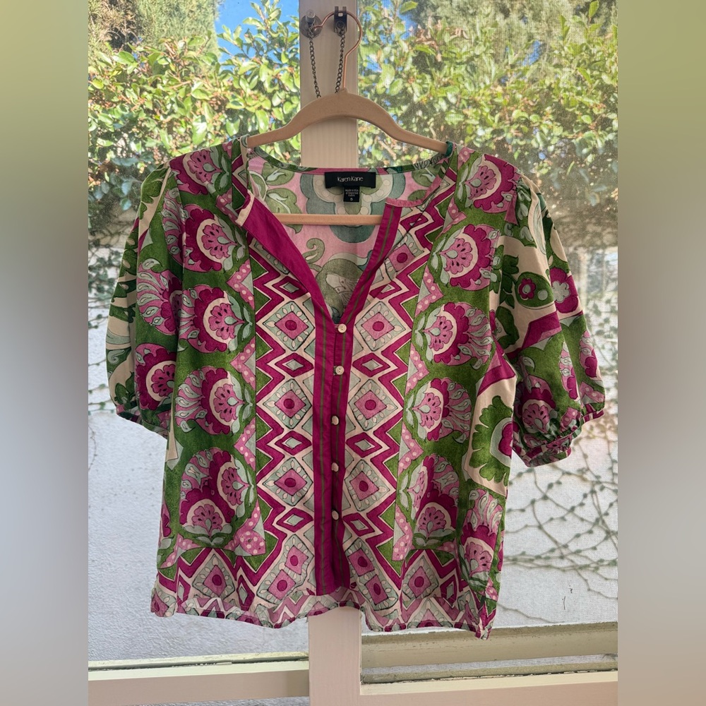 Karen Kane Vibrant Floral Puff Sleeve 100% Cotton Spring Boho Size Small Top